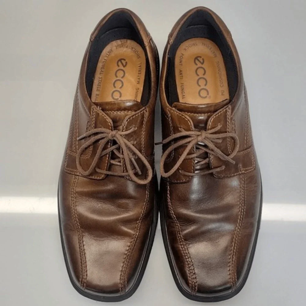 ECCO Men Derby Lace Up Dress Shoes EU 44 US 10 Brown Helsinki Leather Square Toe